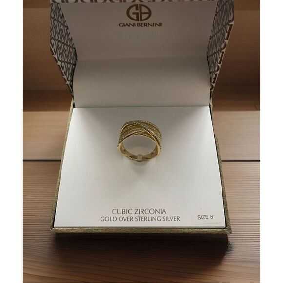 Giani Bernini CZ Crossover Size 8 Ring 18k Gold over Sterling Silver New in Box - Picture 1 of 4